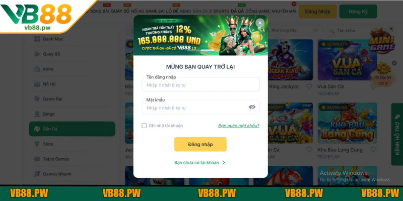 Đăng nhập và chọn sảnh chơi