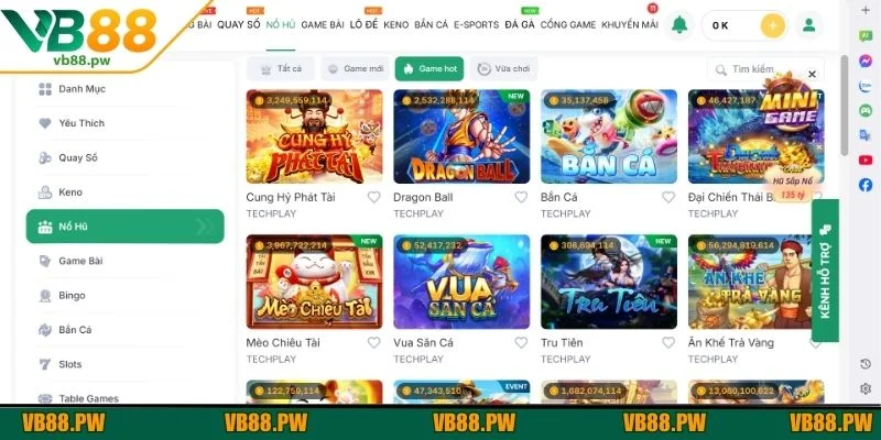Sảnh nổ hũ VB88 có nhiều game hấp dẫn và được chuyên gia đánh giá cao